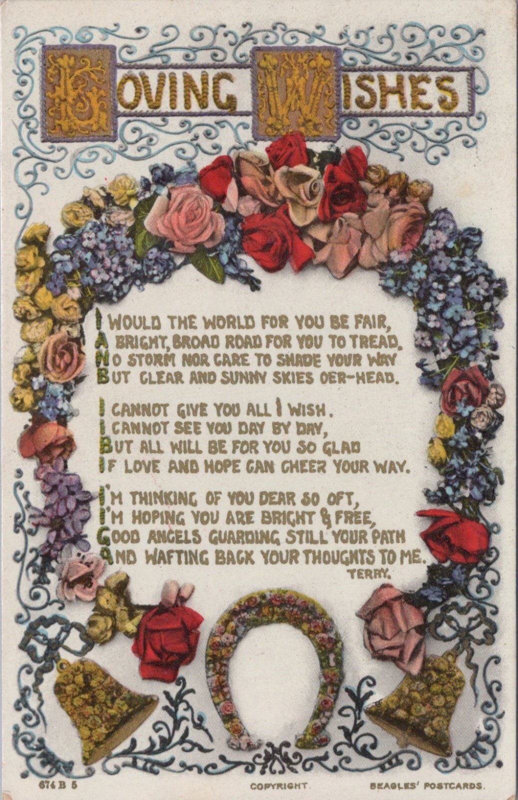 Loving Wishes Horseshoe Bells Love Verse Poem Postcard Sentiments Terry Artist XT3500