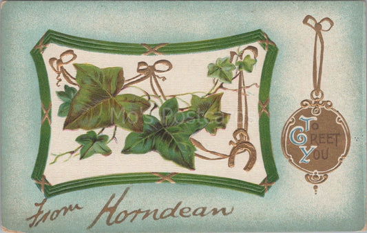 Greetings Postcard: From Horndean Ivy Leaves Lucky Horseshoe Greet You 1910's XT3510