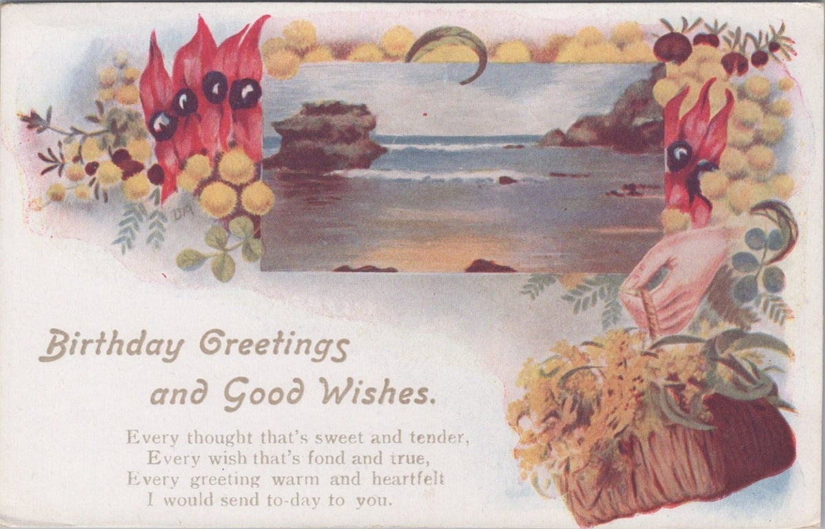 Birthday Postcard: Greetings Coast Sea Sturt's Desert Pea Wattle Verse  XT4973