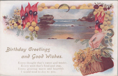 Birthday Postcard: Greetings Coast Sea Sturt's Desert Pea Wattle Verse  XT4973