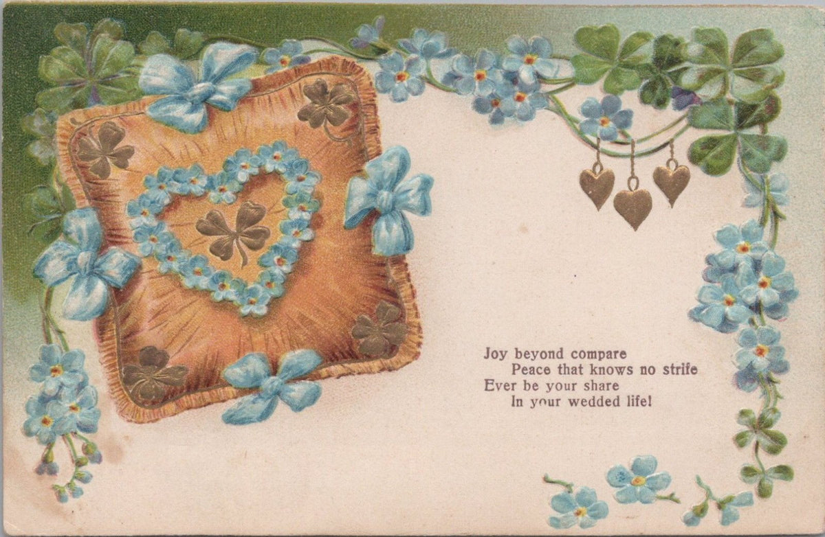 Wedding Postcard: Wedded Life Cushion Heart Forget Me Nots Shamrocks XT4976