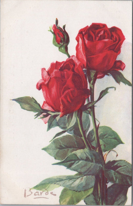 Flowers Postcard: Rose Rosa Red Buds Stems Signed Barde Color Paris 1910s XT3583