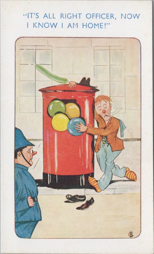 Comic Postcard: Red Pillar Box Balloons Clown Policeman Humorous, Drunk RS41646