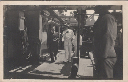 Military Postcard:Naval Officer Touring Ship Deck Dignitaries RPPC 1920's XT5543