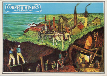 Cornwall Postcard: Cornish Miners Mining Scene Horse Wagon Cross Section RR23736
