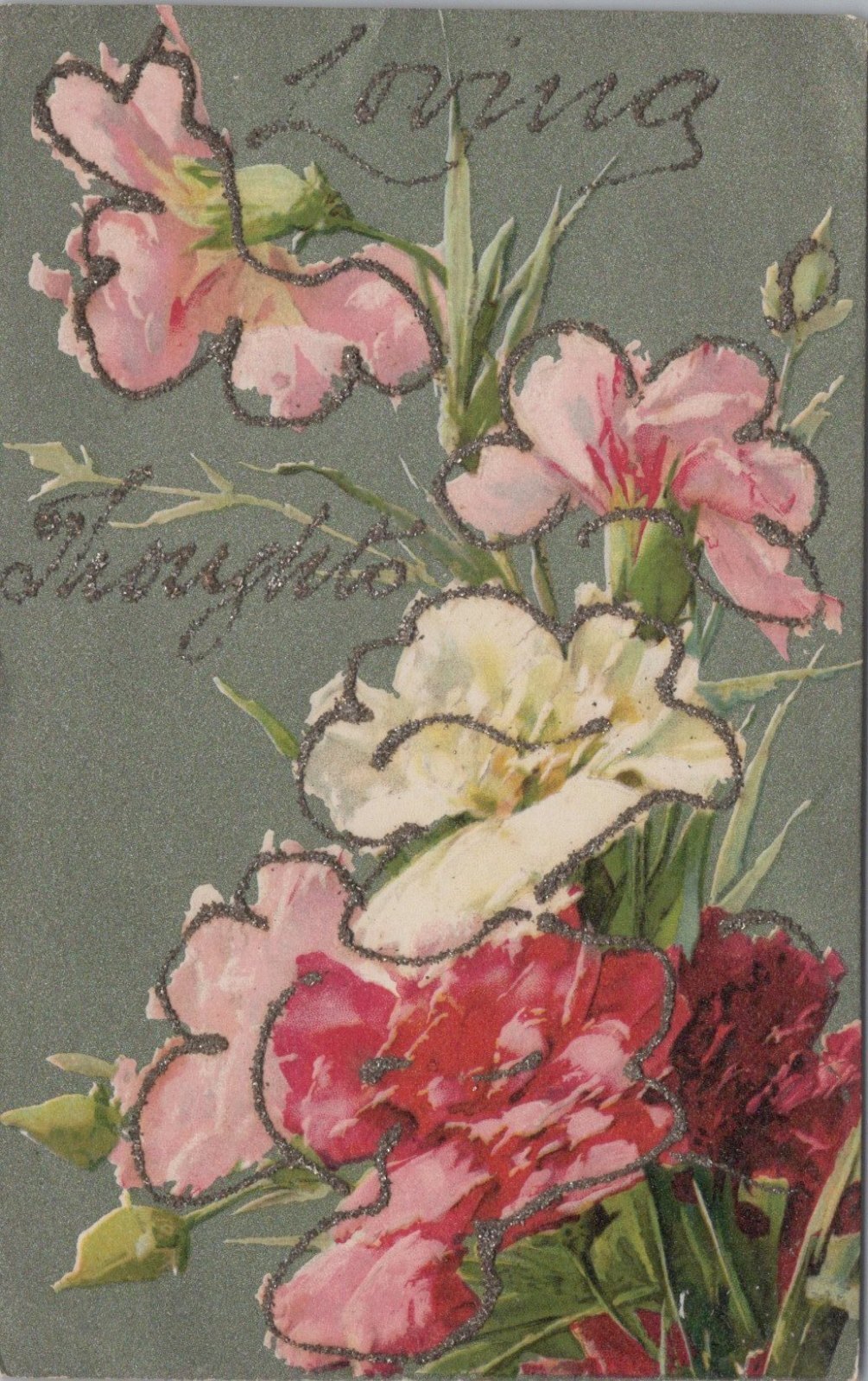 Carnation Flowers Glitter Loving Thoughts Edwardian Postcard Correspondence XT3492