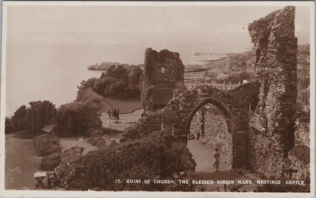Sussex Postcard: Hastings Castle Ruins Church Blessed Virgin Mary RPPC  9108A