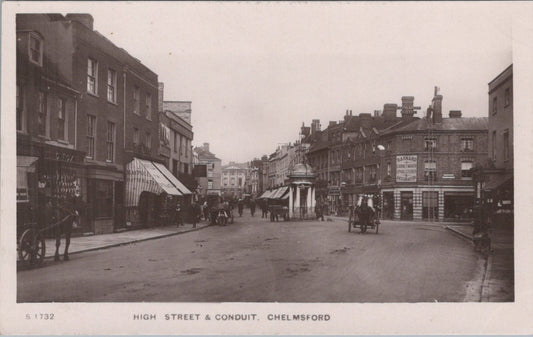 Essex Postcard: Chelmsford High Street Conduit Shopfronts Maypole RPPC  BT298