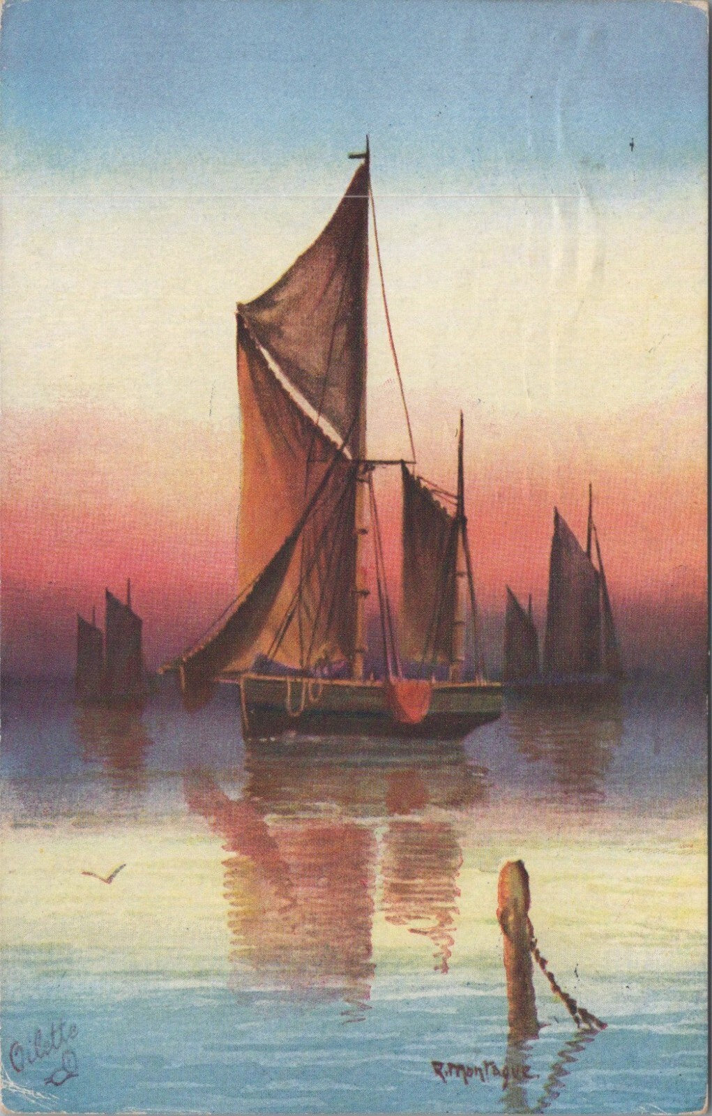 Maritime Postcard: Sailing Boats At Sea Harbor During Sunset 1913 XT5026