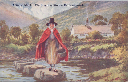Caernarvonshire Postcard: Bettws-Y-Coed A Welsh Maid Stepping Stones XT4153
