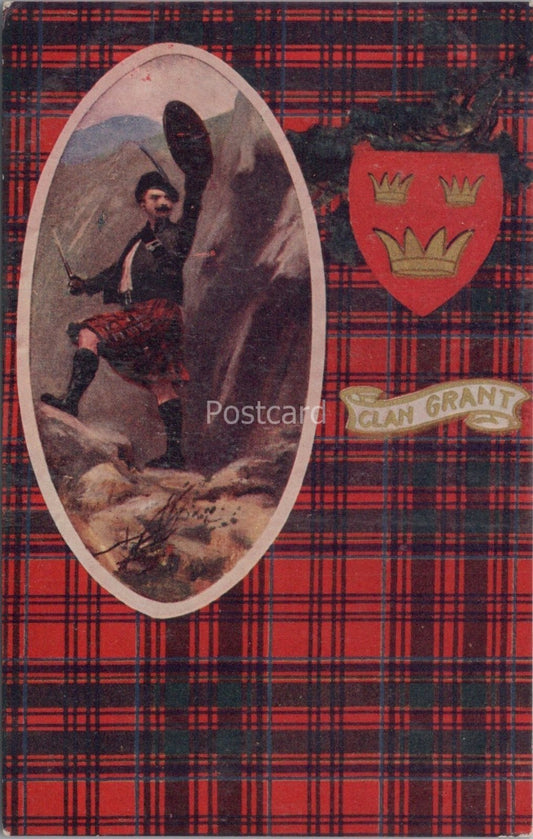 Scottish Postcard: Clan Grant Tartan Crest Scottish Highlands Warrior  XT4314