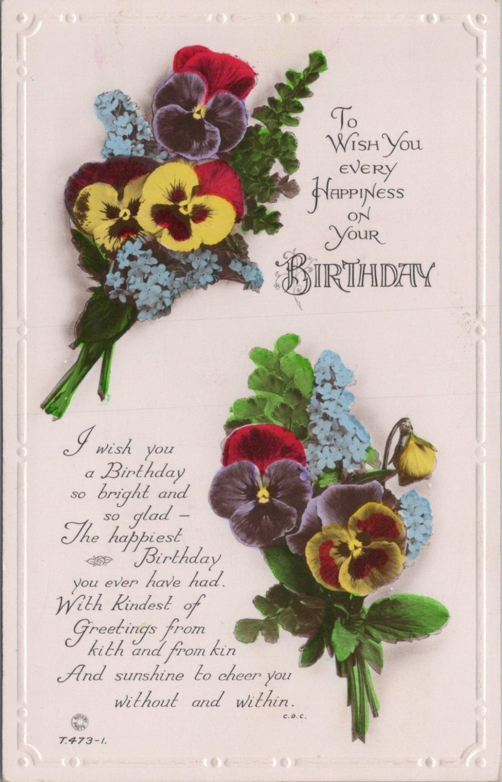 Birthday Postcard: Pansies Forget Me Not Flowers Birthday Verse 1937 XT4987