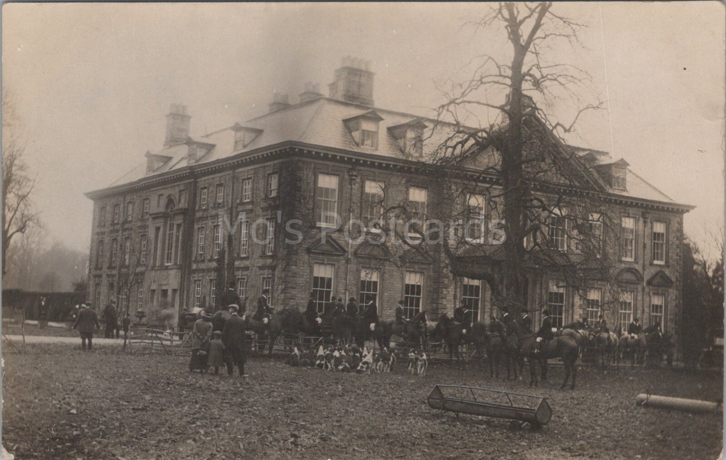 Unlocated Postcard: Country Mansion Fox Hunt Meeting, Horses Hounds RPPC XT3525