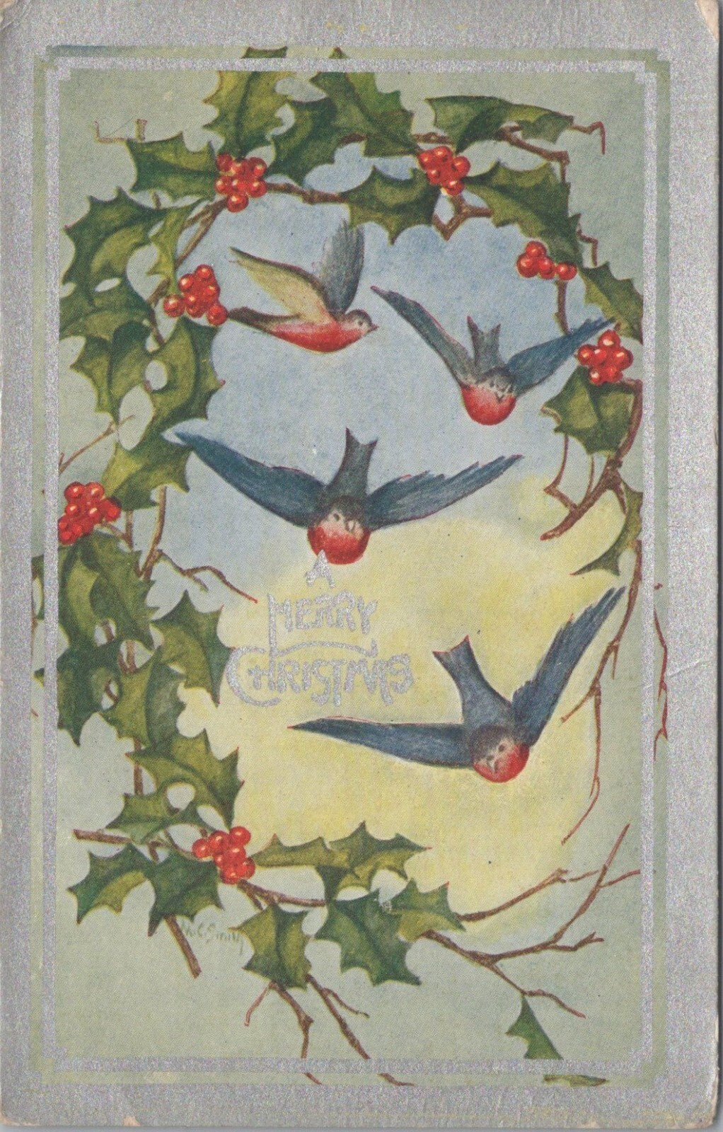 Christmas Postcard:Robins In Flight Holly Border A Merry Christmas 1910's XT5630