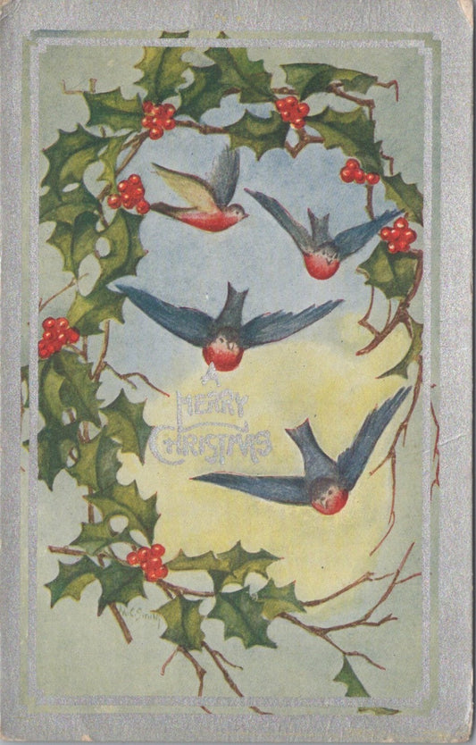 Christmas Postcard:Robins In Flight Holly Border A Merry Christmas 1910's XT5630