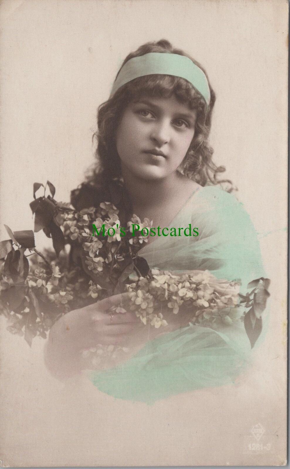 Edwardian Beauty Girl holding Bouquet of Flowers Tinted Postcard RS31901