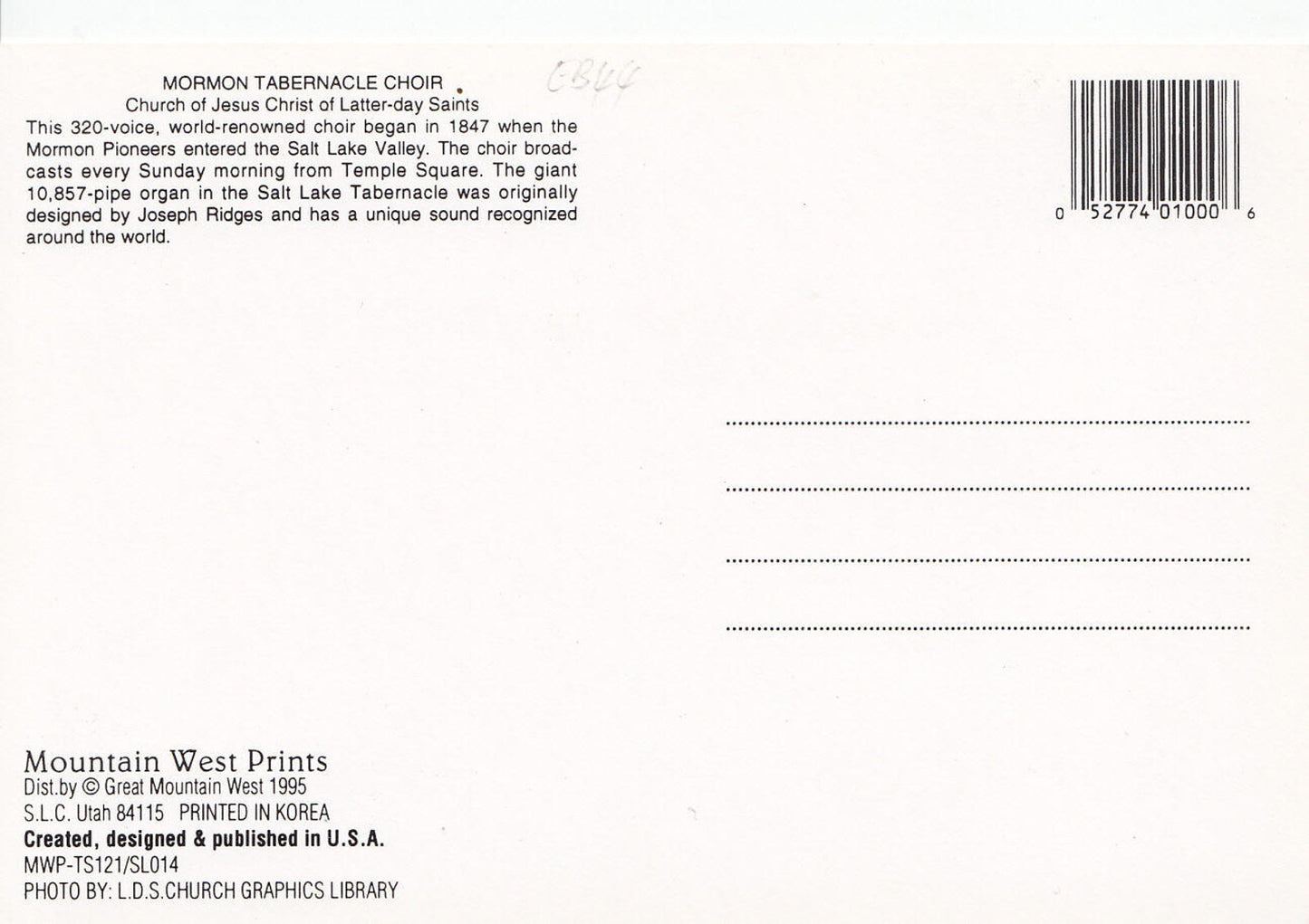 Religion Postcard - Mormon Tabernacle Choir   EB44