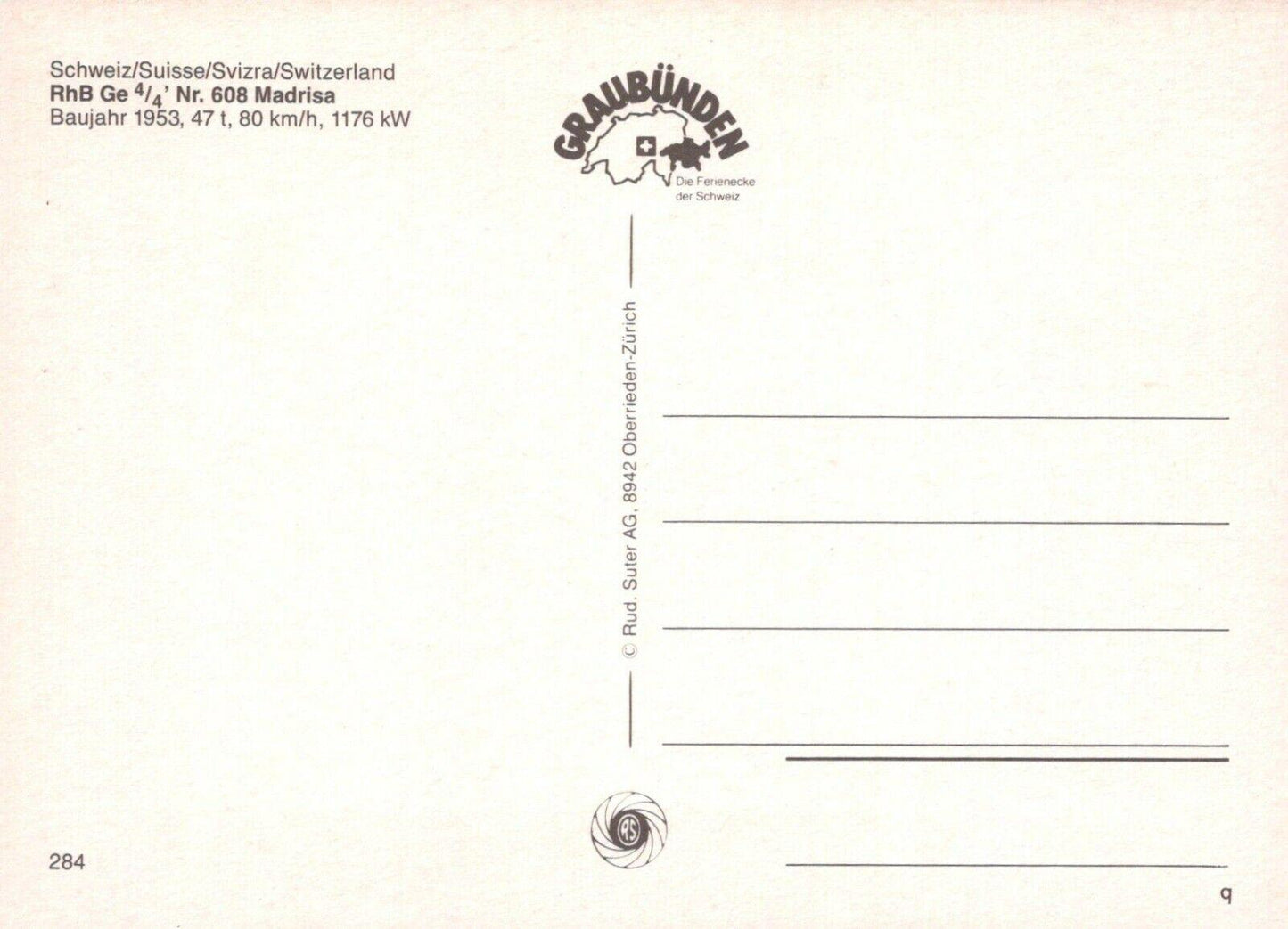 Transport Postcard - Switzerland - Rhb Ge Nr.608 Madrisa, Baujahr 1953 -  RRR81