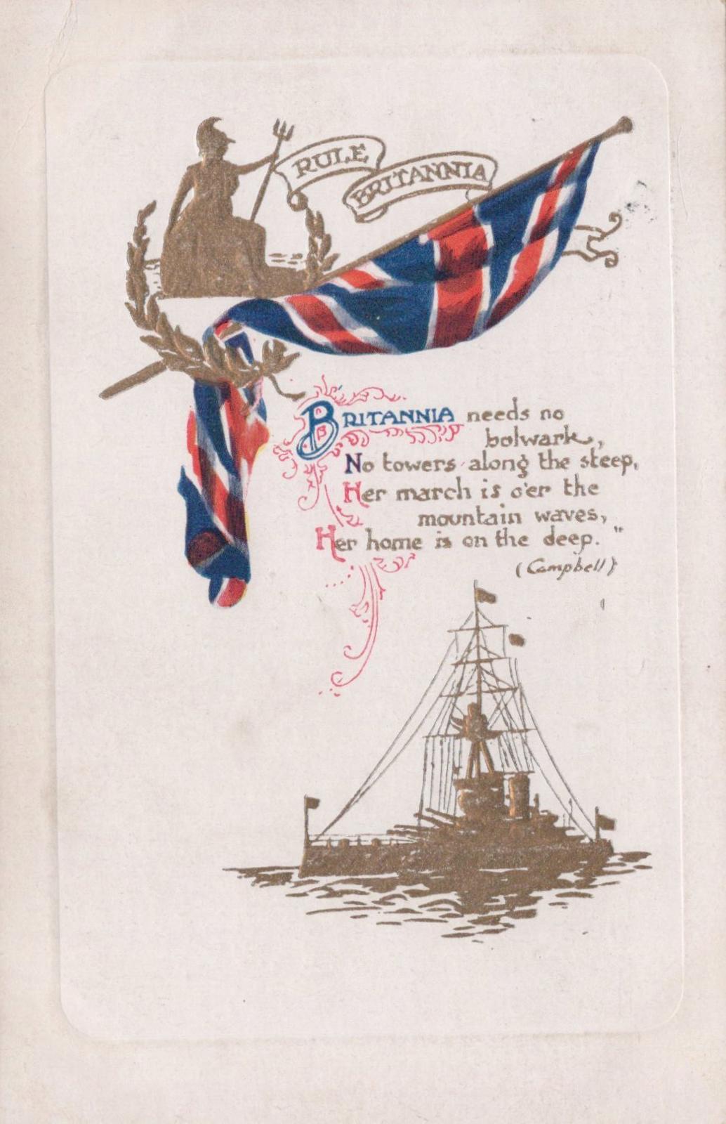Embossed Naval History Postcard-Rule Britannia,Poetic Verse Thomas Campbell XT61