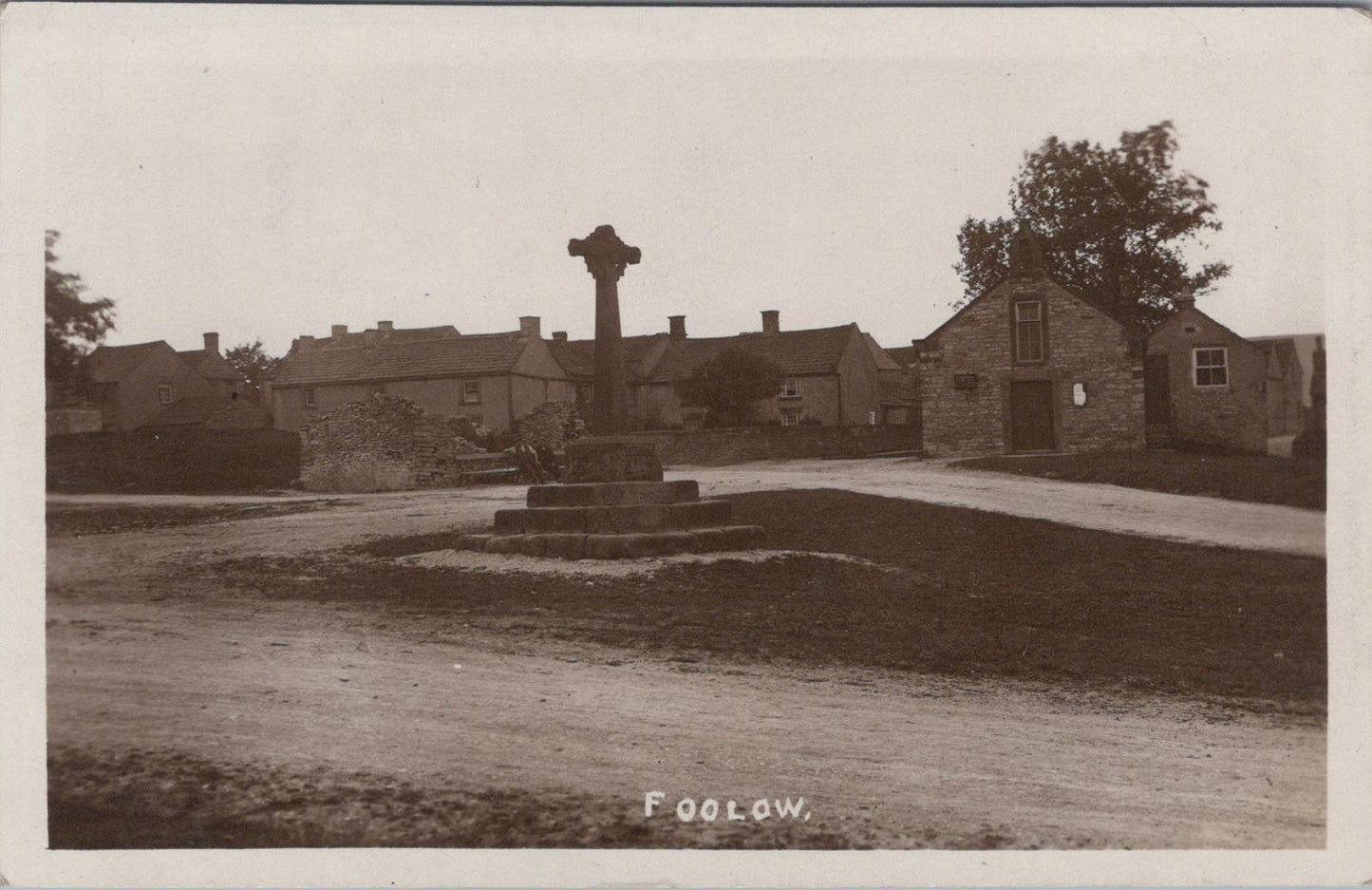 Derbyshire Postcard: Foolow Village Cross, Green, Chapel View 1910s RPPC  BH2132
