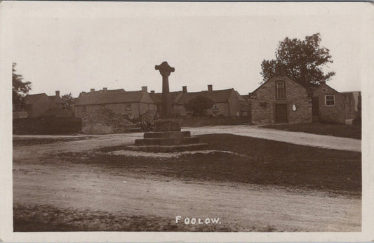 Derbyshire Postcard: Foolow Village Cross, Green, Chapel View 1910s RPPC  BH2132