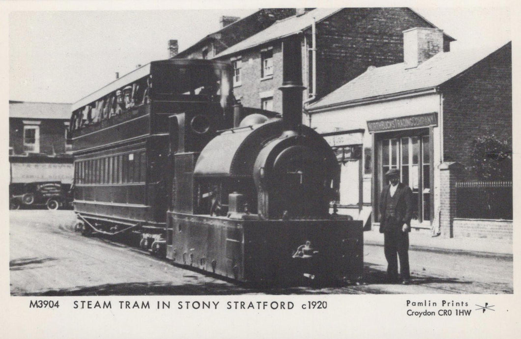 Buckinghamshire Postcard - Steam Tram in Stony Stratford c1920 - XT14
