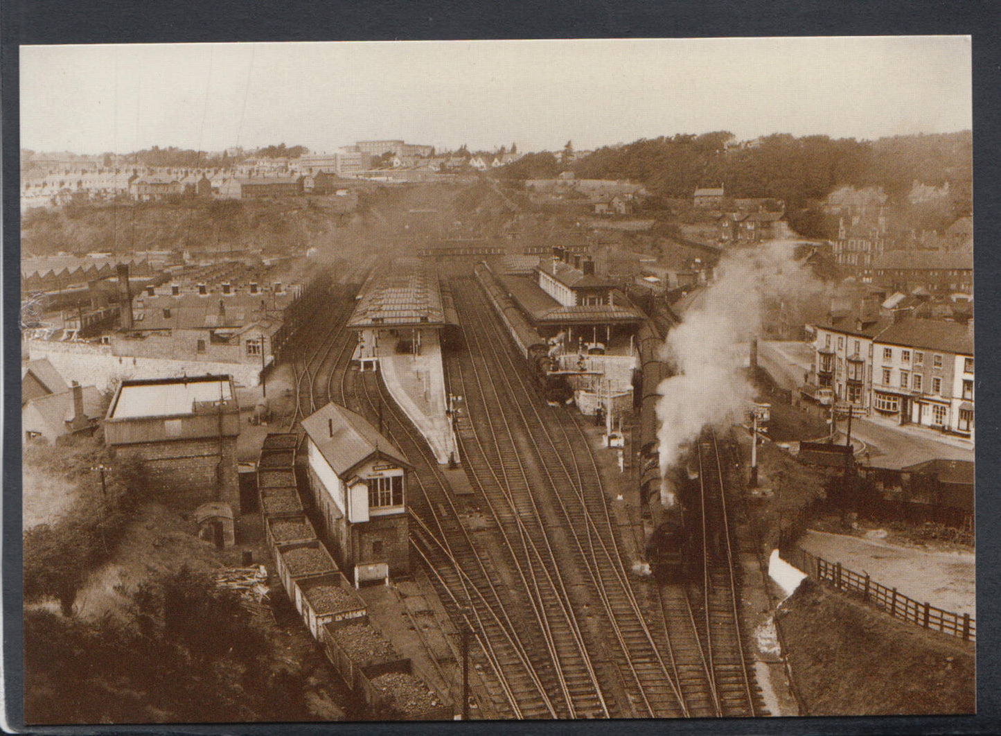 Caernarvonshire Postcard:Bangor Railway Station Steam Era Birds Eye View RR23722