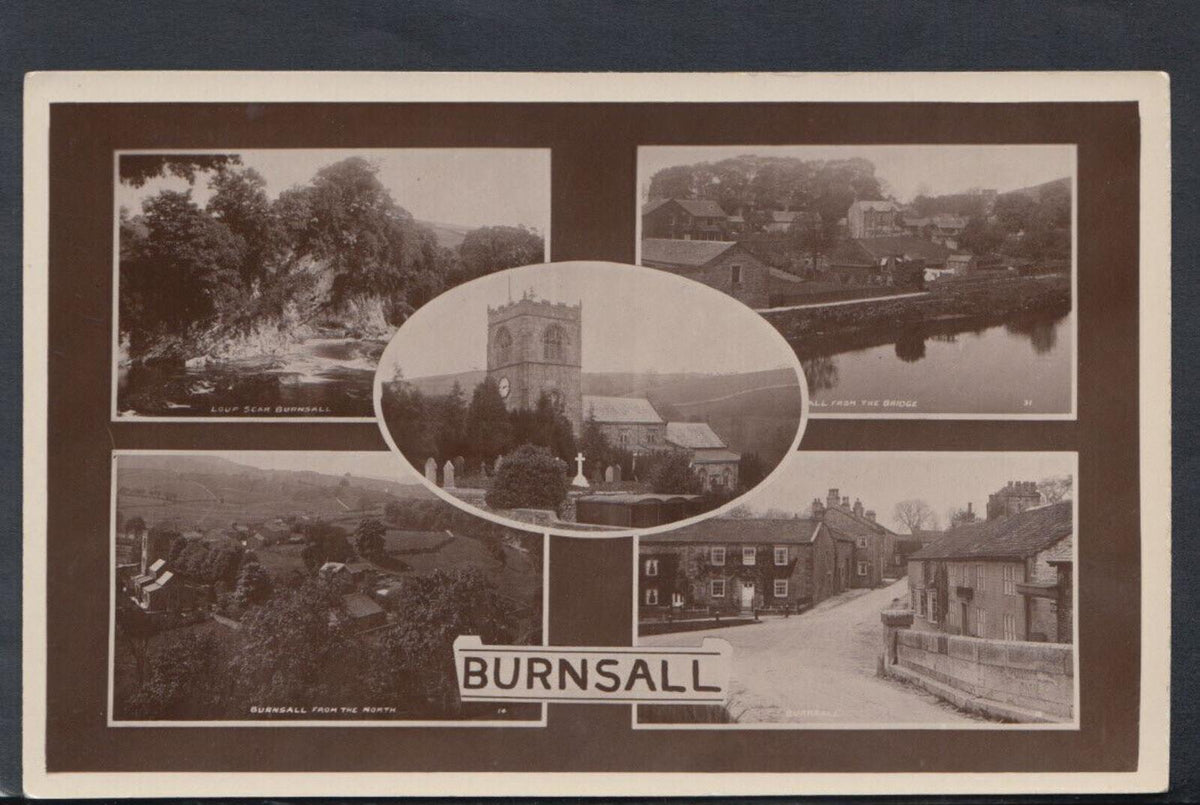 Yorkshire Postcard: Burnsall Village Multi View Church RPPC 1930s T6647