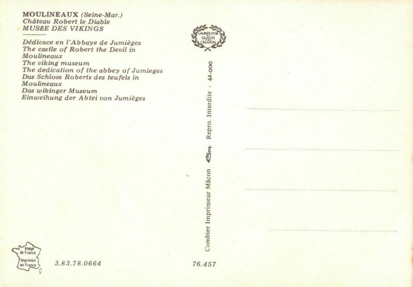 France Postcard - Moulineaux, Chateau Robert Le Diable, Musee Des Vikings RR8591