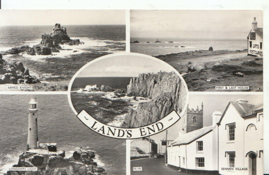 Cornwall Postcard: Land's End Multi View Coastal Cliffs Sennen Church RPPC  9032A