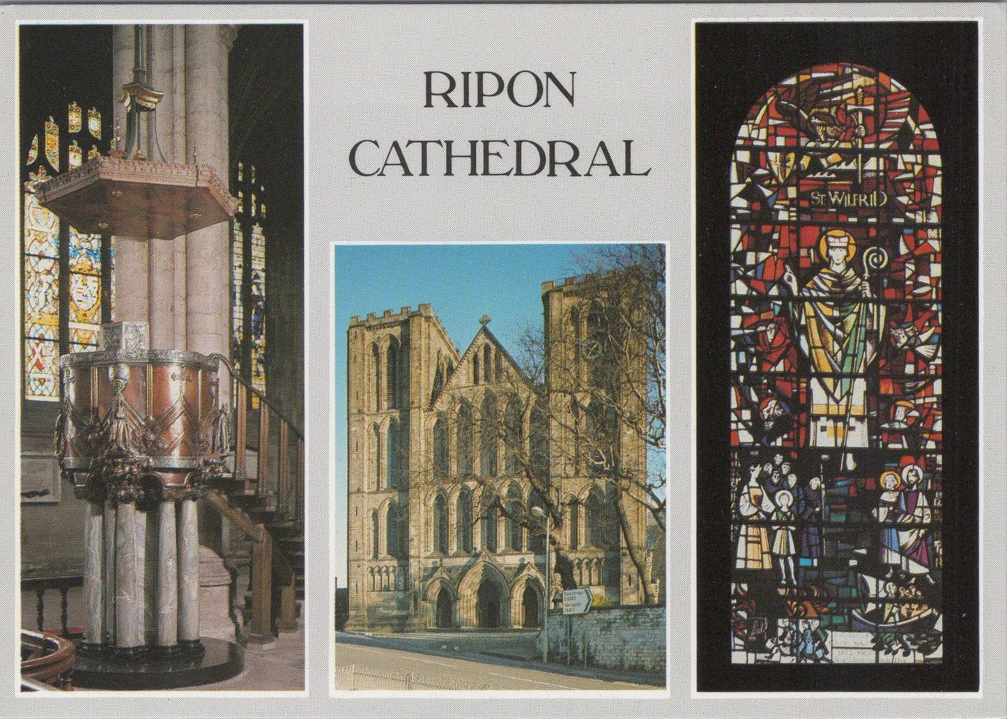 Yorkshire Postcard - Ripon Cathedral Pulpit, West Front & Stained Window RRR1415