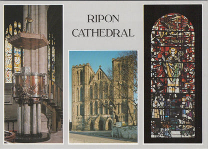 Yorkshire Postcard - Ripon Cathedral Pulpit, West Front & Stained Window RRR1415