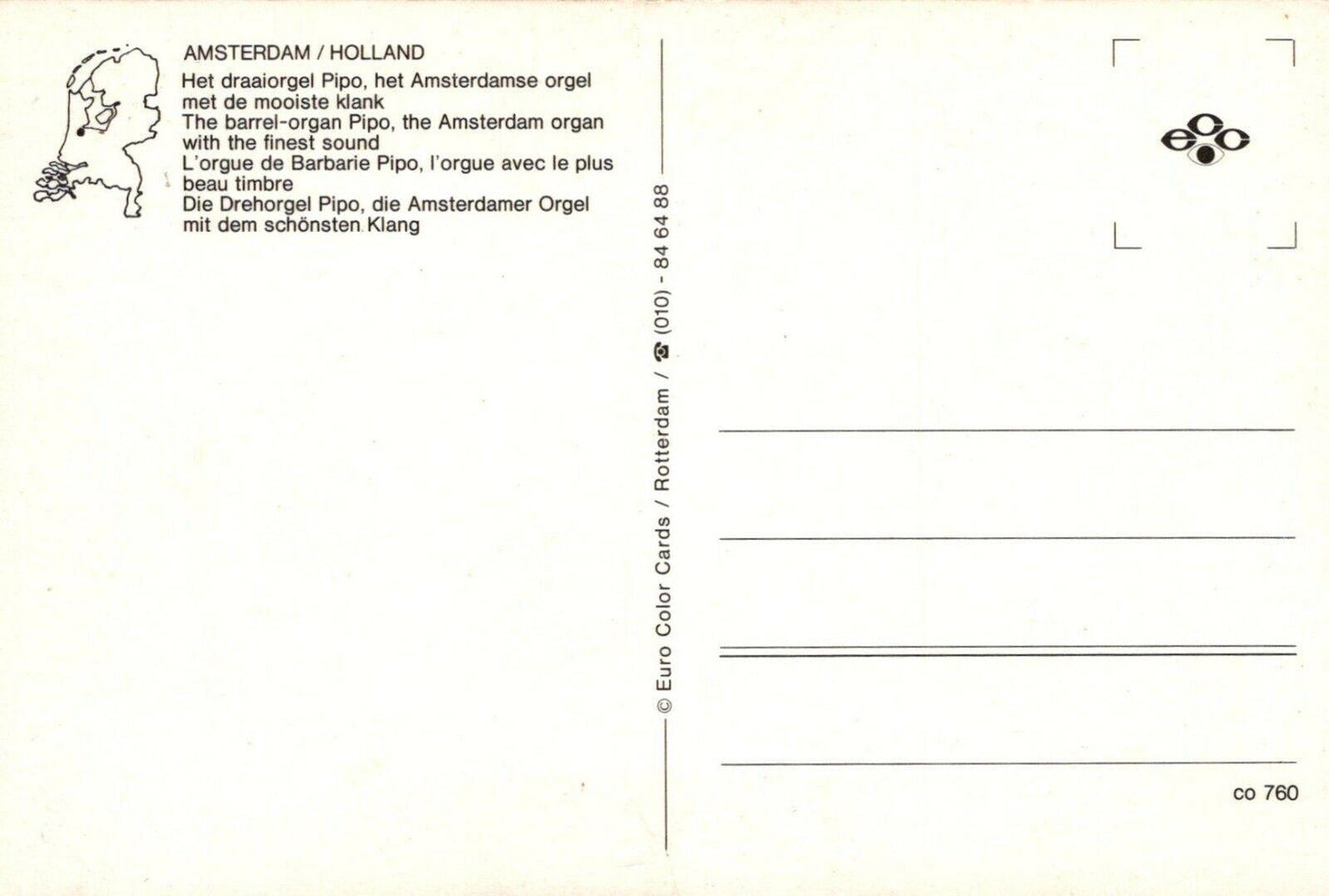 Music Postcard - Amsterdam / Holland - The Barrel-Organ Pipo   RRR392