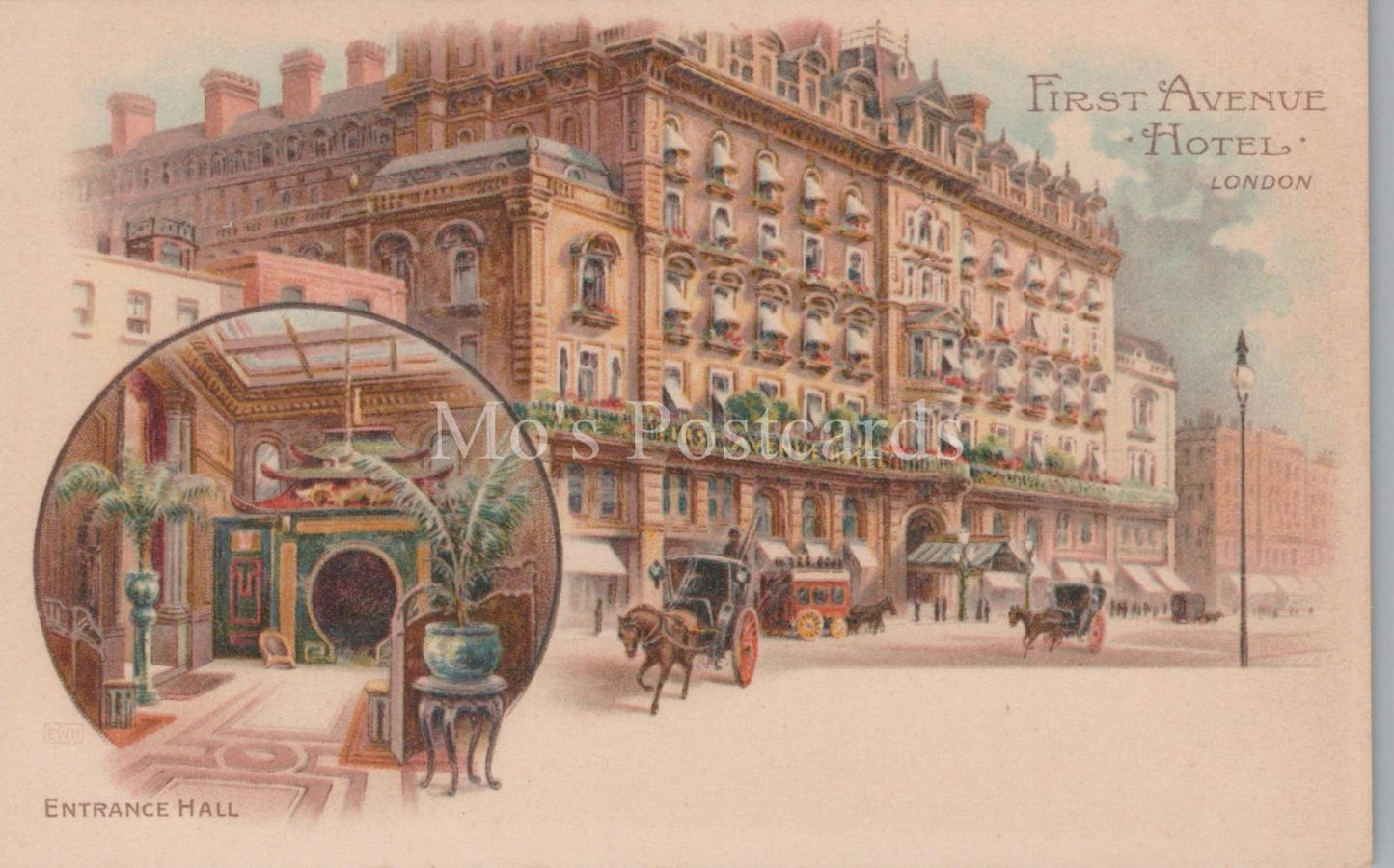 London Postcard -First Avenue Hotel Entrance Hall, Hand-tinted Lithograph  XT108