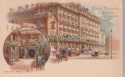 London Postcard -First Avenue Hotel Entrance Hall, Hand-tinted Lithograph  XT108