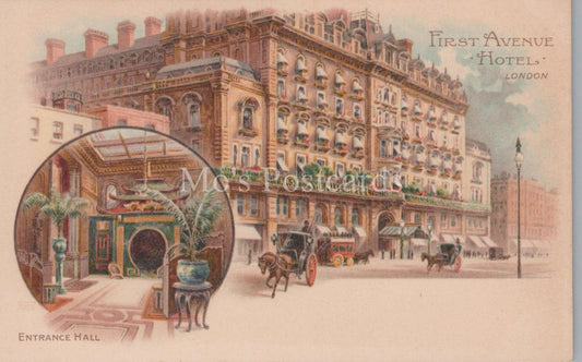 London Postcard -First Avenue Hotel Entrance Hall, Hand-tinted Lithograph  XT108