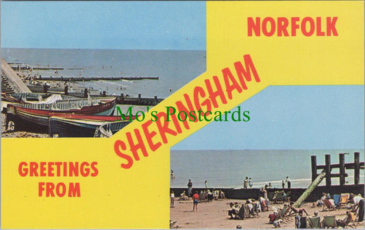Norfolk Postcard: Sheringham Beach Greetings Multi View Fishing Boats 1970's RS41648