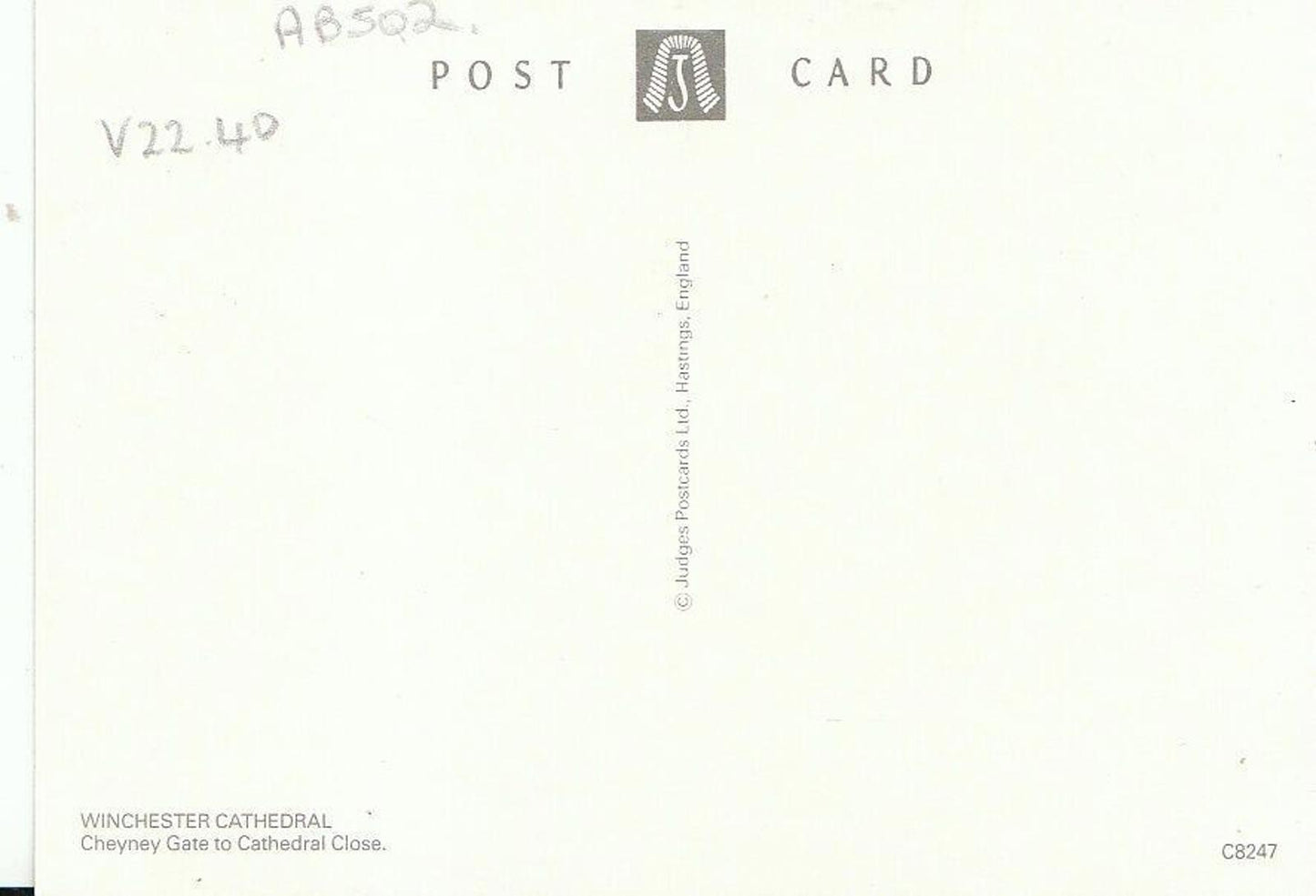 Hampshire Postcard - Winchester Cathedral. Cheyney Gate to Cathedral Close AB502
