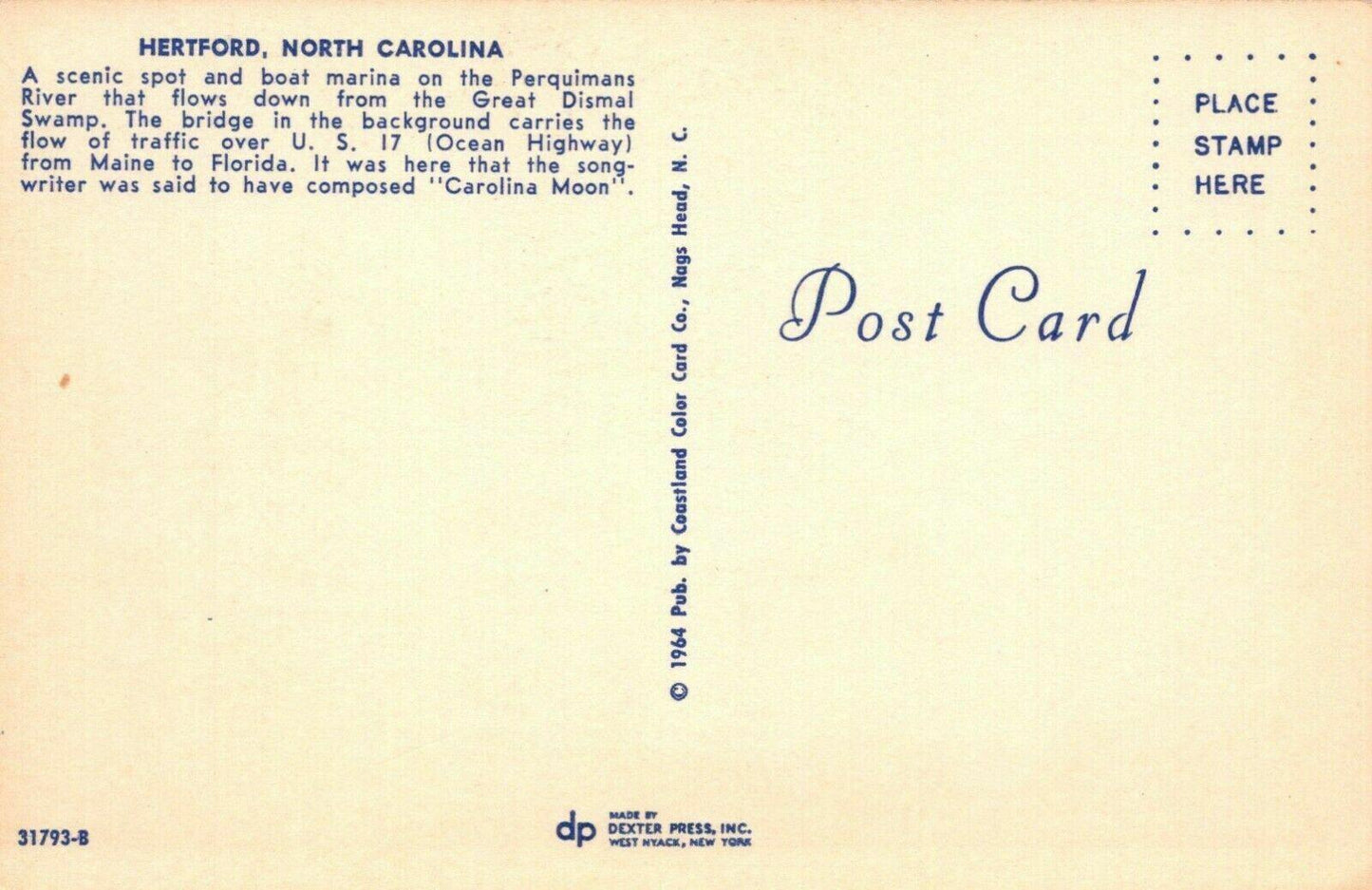 America Postcard - Perquimans River, Hertford, North Carolina    RS22147