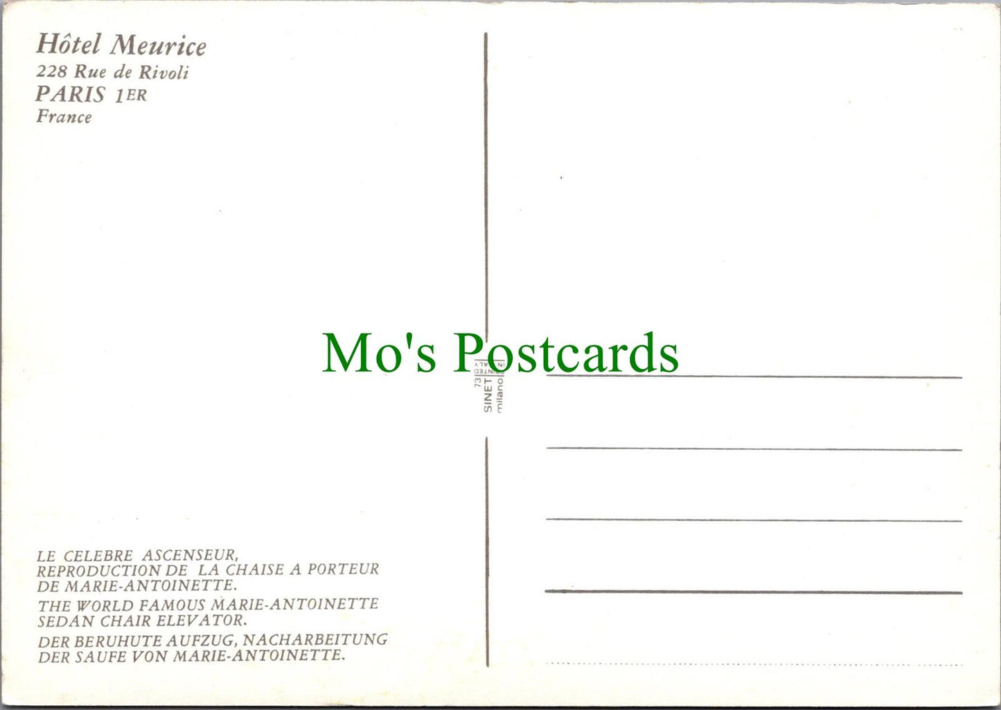 France Postcard - Paris - Hotel Meurice, 228 Rue De Rivoli RRR1319