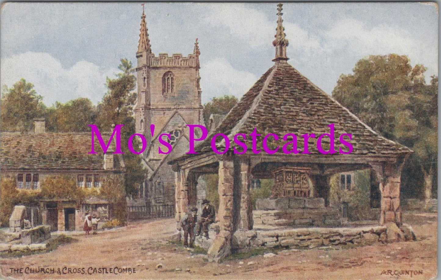 Wiltshire Postcard - Castle Combe, The Church & Cross. Artist A.R.Quinton  HM697