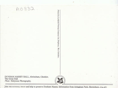 Cheshire Postcard - The Great Hall,Dunham Massey Hall, Altrincham,  AB832