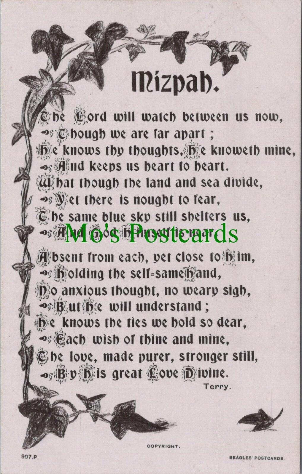 Greetings Postcard - Mizpah - Religious Text - Terry RS30558