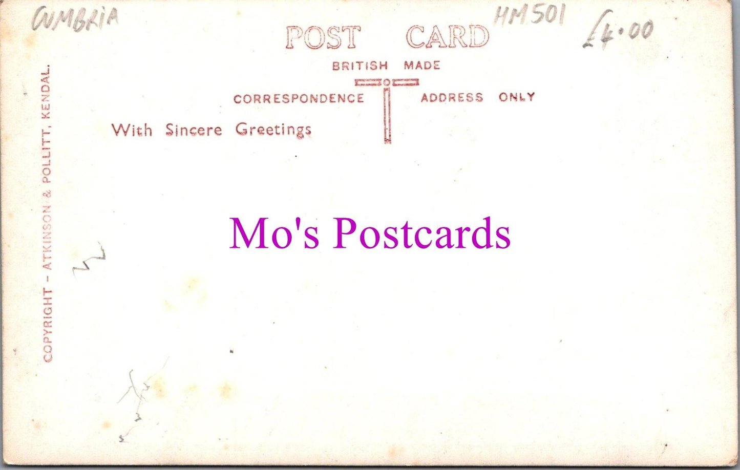 Cumbria Postcard - Bower House Inn  HM501