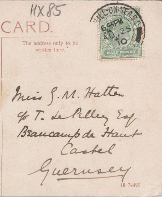 Hatten: c/o T. Le Pelley Esq., Beaucamp de Haut, Castel, Guernsey, Channel Islands, 1910 - HX85