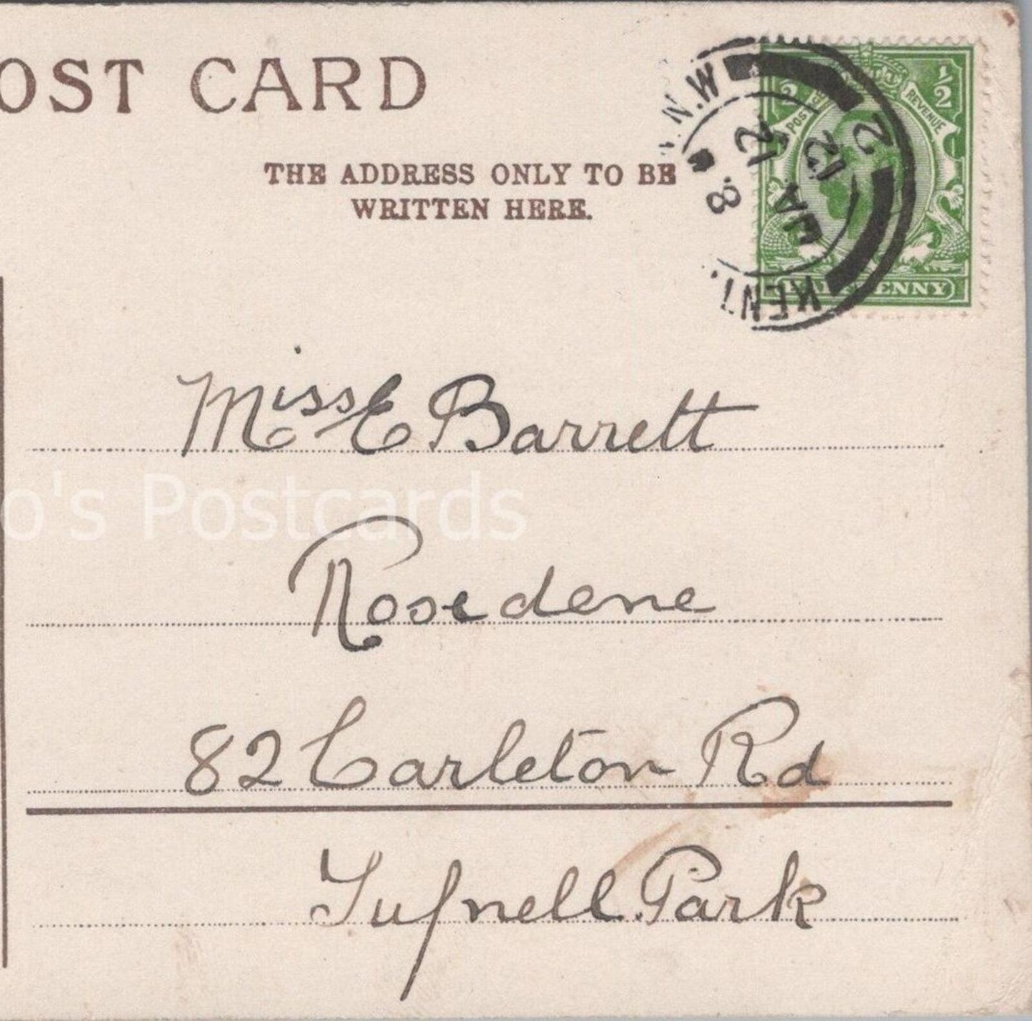 Barrett: Rosedene, 82 Carleton Road, Tufnell Park, Greater London, 1912 - HX15