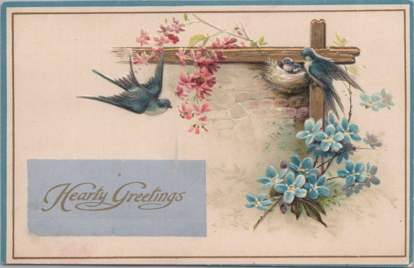 Hearty Greetings Swallow Birds Nest Blue Flowers Postcard Sentiments Art XT3504