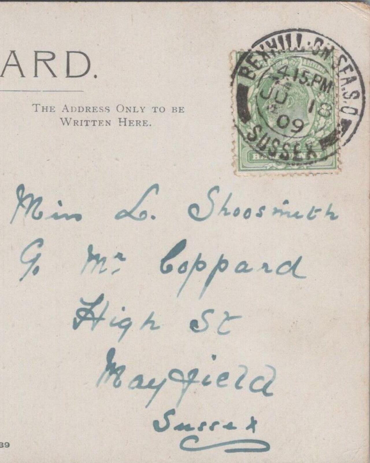 Shoosmith: c/o Mr Coppard, High Street, Mayfield, Sussex, 1909 - HX5