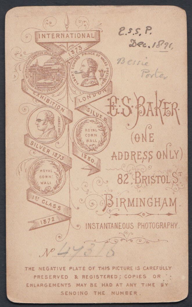 CDV (Carte De Visite) - Birmingham Lady Called Bessie Porter in 1891 -  RT226