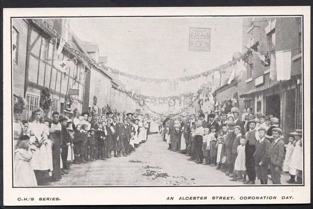Warwickshire Postcard - An Alcester Street - Coronation Day 1321